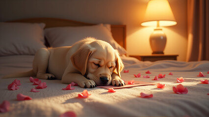 Adorable golden retriever puppy sleeping on a bed with pink rose petals and a warm lamp, creating a cozy, romantic atmosphere.