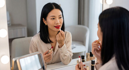 Young Chinese woman applying lipstick in front of a mirror  