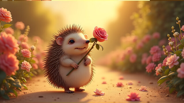 Cute hedgehog holding pink rose in sunlit garden with blooming flowers and soft golden light.