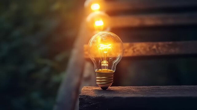 Row of illuminated light bulbs on wooden steps at dusk.