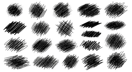 Collection of abstract black brush strokes on white background viewed from a straightforward perspective, Whisk texture visible in various strokes