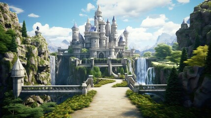 Fantasy Castle on a Cliffside Realm with Cascading Waterfalls and Lush Gardens