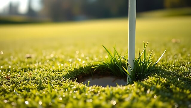 oganesson. Fresh divot mark on golf course turf with upturned grass and morning dew. real-estate listings, architecture portfolios, designed for interior renovation comparisons for interiors.