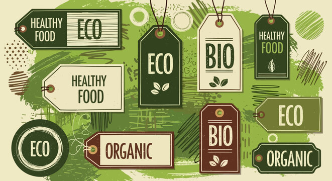 Assorted eco-friendly labels and tags with organic and healthy food themes displayed on a textured green background with various shapes and designs