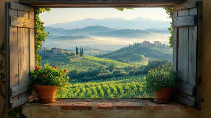 Stunning perspective from a rustic window, revealing misty hills and a lush landscape draped in early morning light