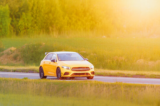 High performance hot hatch driving on asphalt road
