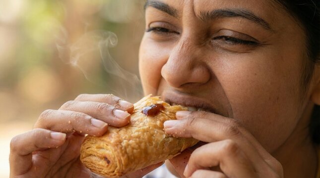 Woman Eating Sri Lankan Roll Close Up Street Food Copy Space