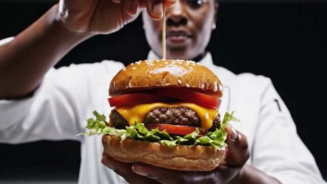 A female chef in a white uniform carefully places a toothpick into a freshly