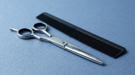 Metallic hair cutting scissor and black comb on blue background. Hairdresser equipment, barber tools for salon hygiene. Hair care and styling.