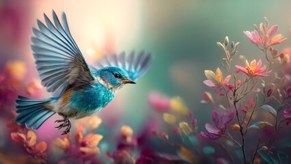 Beautiful small blue bird flying among colorful pink spring flowers in magical garden