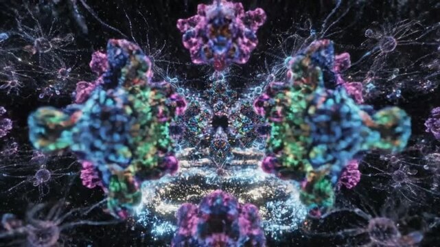 Microscopic view of colorful molecular structure with vibrant particles and intricate patterns in a complex scientific environment