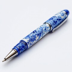 Elegant pen with blue floral design sits on a white surface under soft lighting capturing attention and interest