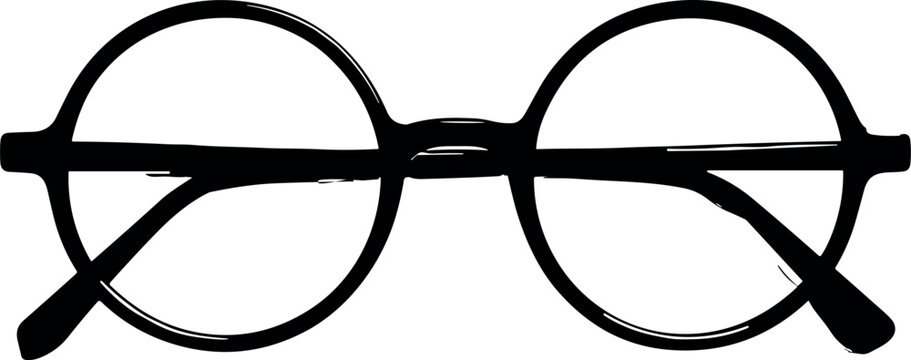 Black Round Eyeglasses and Circular Optical Frame Silhouette Isolated on White Background Vector