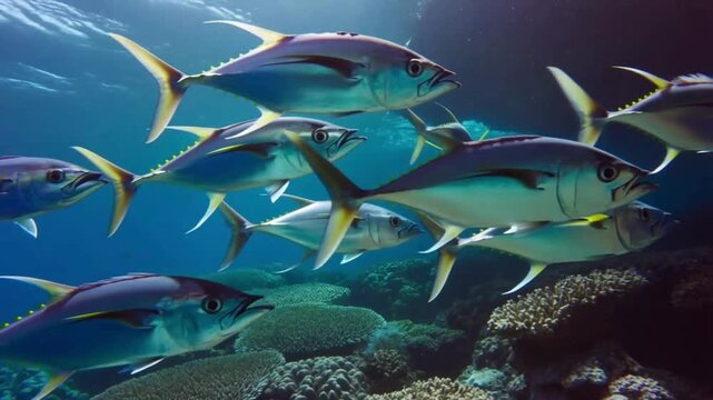 A school of agile tuna fish traverses the clear waters above the coral reef, displaying dynamic movements against the backdrop of the blue sea.