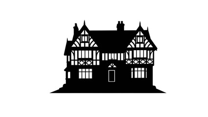 Obraz premium Traditional Tudor style house silhouette with timber framing and multiple gables
