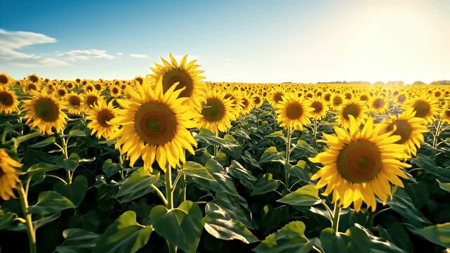 Field of sunflowers bathed in sunlight with a clear blue sky, view from the flower's perspective