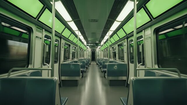 Interior view of a clean, empty subway car with green ceiling panels, benches, and windows