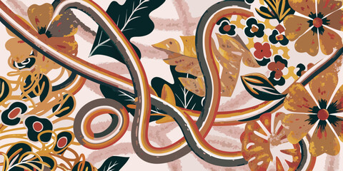 Abstract floral pattern with swirling lines and warm color tones © Usa