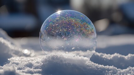 Iridescent Soap Bubble Frozen on Snowy Ground Sparkling in Sunlight