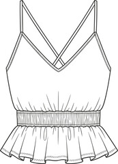 Women sleeveless peplum top technical fashion sketch with cross back straps and elastic waist vector templateWomen sleeveless h cross back straps and elastic waist vector template