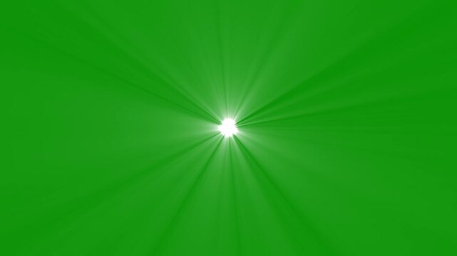 white lens flare with optical light rays on green screen, cinematic white sunburst animation for chroma key overlay.