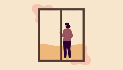 A contemplative young woman stands with her back to the viewer, gazing thoughtfully out of a large, framed window, observing the world beyond her home, embodying a moment of quiet reflection, introspe