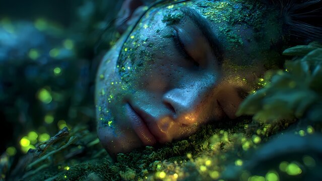 Mystical Forest Dream &ndash; Bioluminescent Fantasy Portrait of Sleeping Nature Spirit in Enchanted Moss