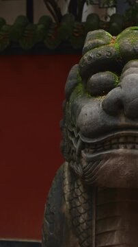 Chengdu, Sichuan, China. Stone Sculptures Of Kylins Or Qilin At Tomb Passage In Wuhou Memorial Temple. Stone Unicorn Carving. Kylins Is Mascot Dragon In China. Qilin Legendary Hooved Chimerical
