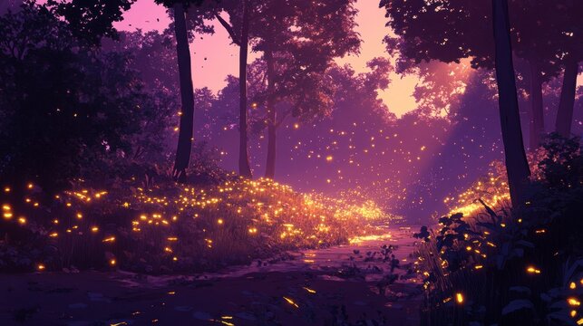 Enchanted forest path at twilight, glowing fireflies