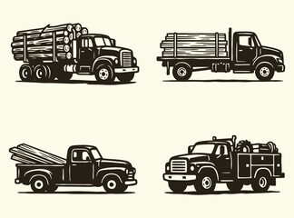 Monochrome Icons of Logging, Flatbed, and Utility Service Vehicles