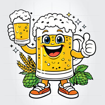 Happy Beer Mascot with Thumbs Up and Beer Elements