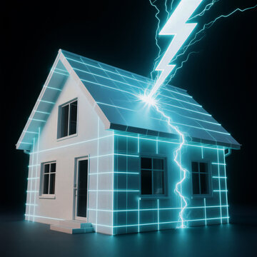 Lightning strike protection for house with glowing blue digital grid, surge protector and home safety concept.