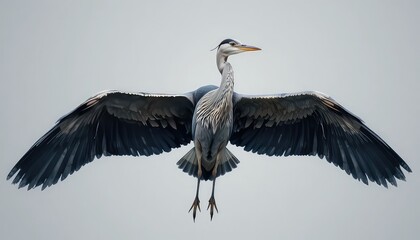 Obraz premium Great blue heron flying with wings spread wide against gray sky