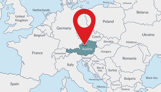 Austria on Europe map with pin location marker3. Vector flat template.