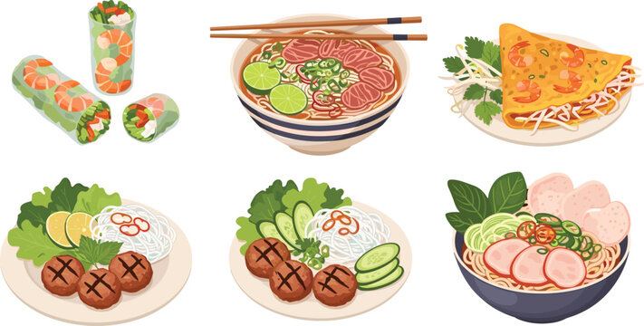 Traditional Vietnamese food set with beef pho noodle soup shrimp spring rolls banh xeo pancake and grilled pork vermicelli