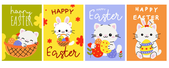 Fototapeta premium Happy Easter Cat Greeting Card Set