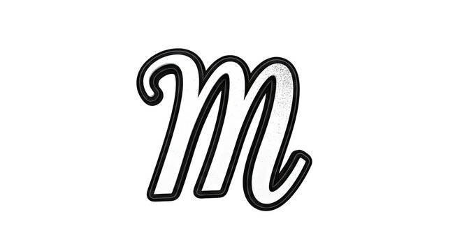 Lowercase 'm' in a stylized script font with a black outline and subtle speckles