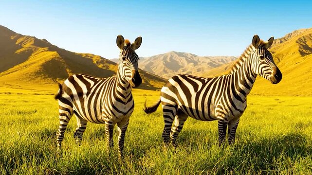 Two zebras stand in a golden field under a bright blue sky