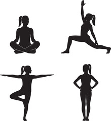 Fototapeta premium Four black silhouettes of women practicing various yoga poses isolated on white background