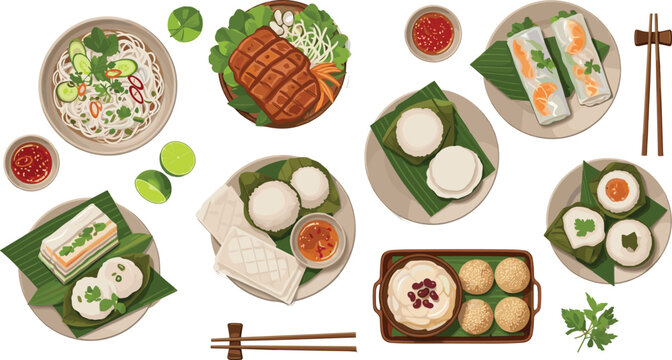 Traditional Vietnamese food flat lay with spring rolls grilled pork vermicelli rice cakes banana leaves and dipping sauce bowls