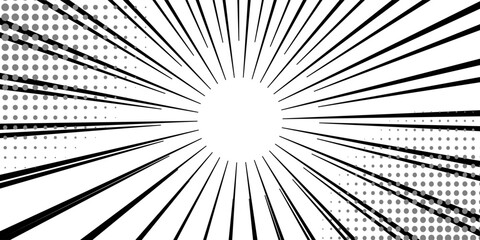 Obraz premium Comic book black and white radial lines background. Manga speed frame. Super hero action. Vector illustration.