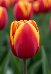 Fototapeta premium Bright red and yellow tulip blooms in a garden during spring, showcasing vibrant colors under natural sunlight and surrounded by green leaves