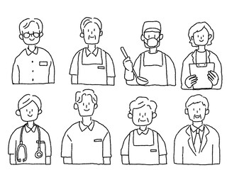 福祉、医療、介護、職業のイラスト（介護士、ヘルパー、ケアマネ、看護師）、線画
