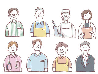 福祉、医療、介護、職業のイラスト（介護士、ヘルパー、ケアマネ、看護師）