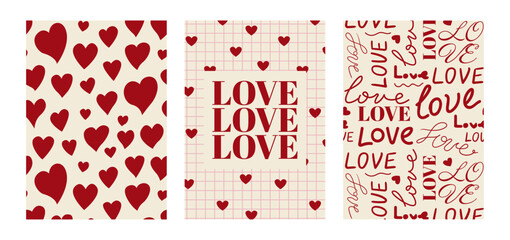 Valentine&rsquo;s Day card set with red hearts and love typography patterns in a romantic vintage style. Elegant vector illustration. Holiday modern poster with hand drawn lettering