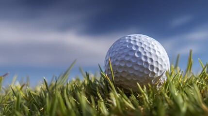 Golf Ball Resting on Green Grass Field under Blue Sky with White Clouds Close Up View on Bright Sunny Day