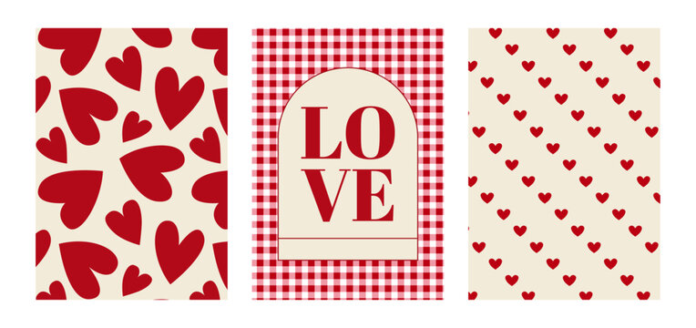Set of cute romantic posters with hearts and word love on checkered vichy background. Vector flat patterns and modern typographic poster for valentine's day