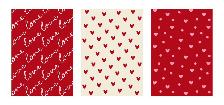 Set of valentine's day vertical backgrounds with handwritten word love and hearts. Vector flat patterns for scrapbooking, greeting cards, wrapping paper
