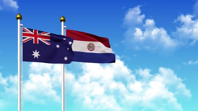 Waving flags of AUSTRALIA and PARAGUAY on pole included with alpha