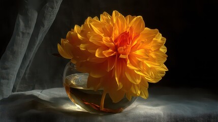 Radiant Yellow Dahlia in Glass Vase with Water Droplets on Textured Surface against Dark Background, Dramatic Lighting, Floral Still Life